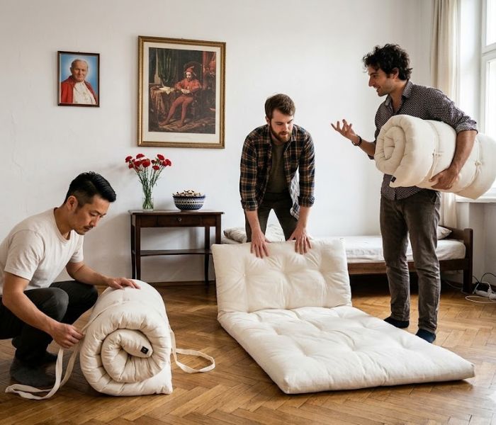 Gasten voor het weekend (en daarna): een opvouwbare futon als gezond alternatief voor een opblaasbaar matras